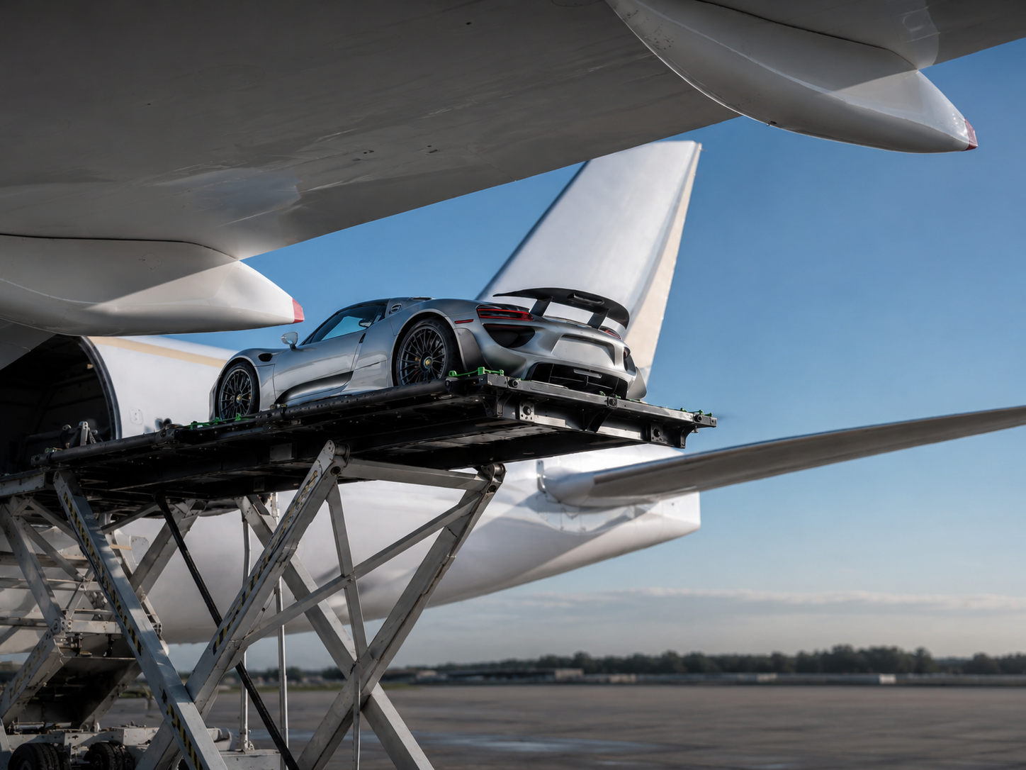 Porsche 918 Spyder being loaded onto cargo aircraft