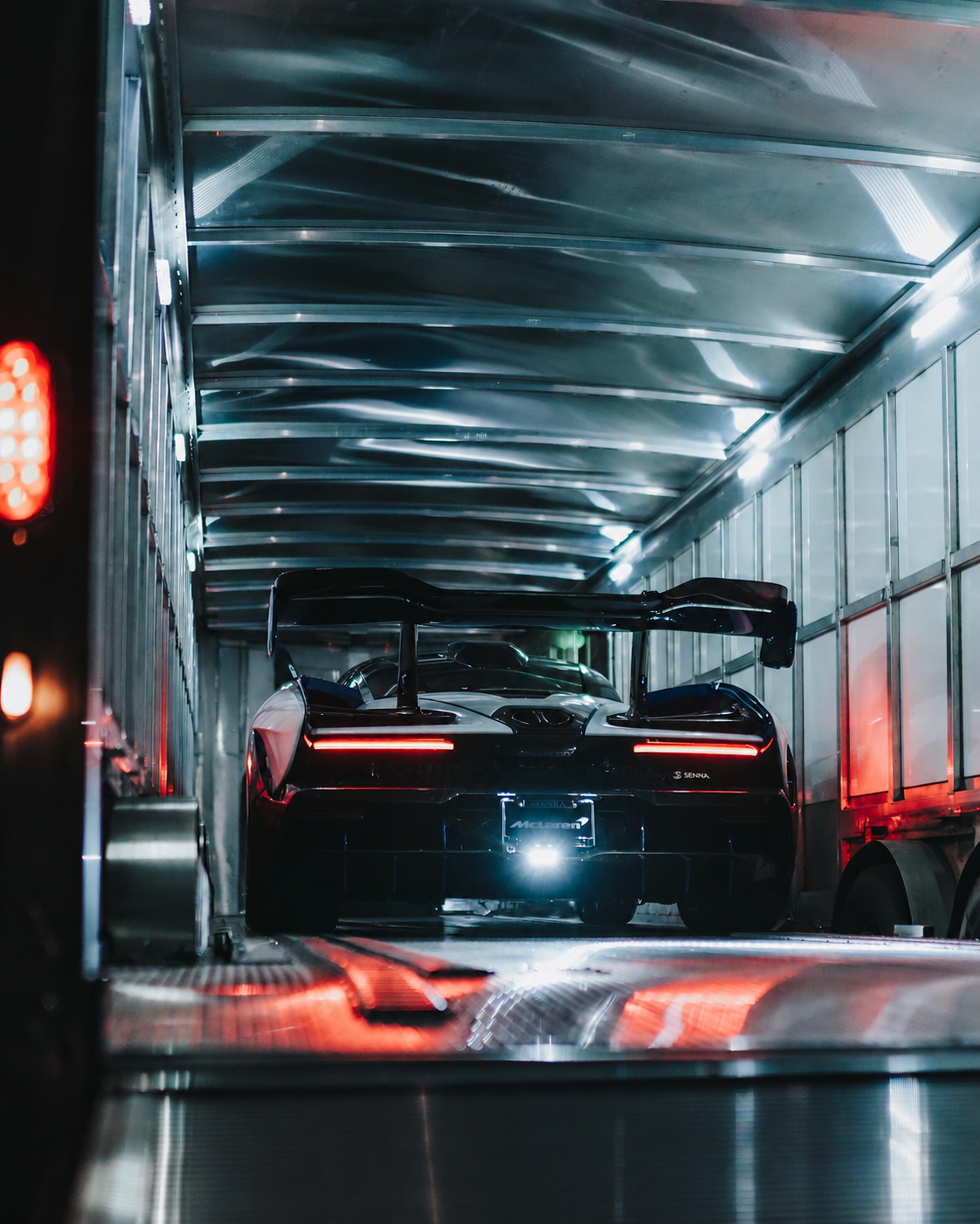 McLaren Senna inside enclosed transport trailer