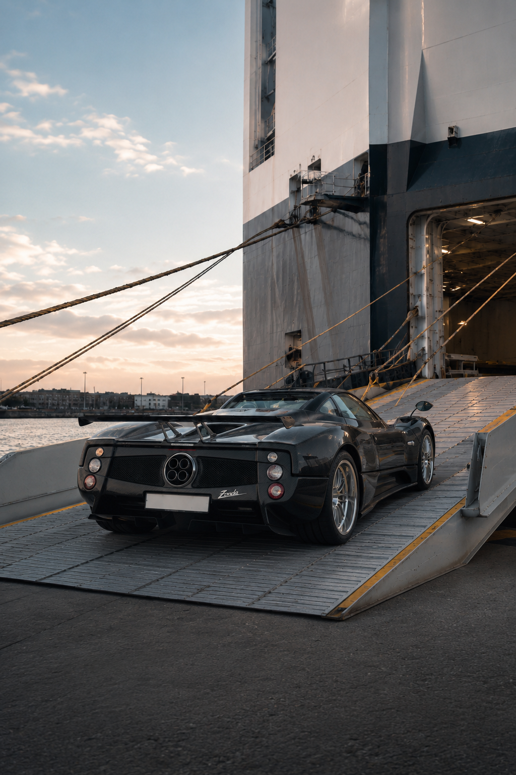 Pagani Zonda rolling off RoRo cargo ship at port